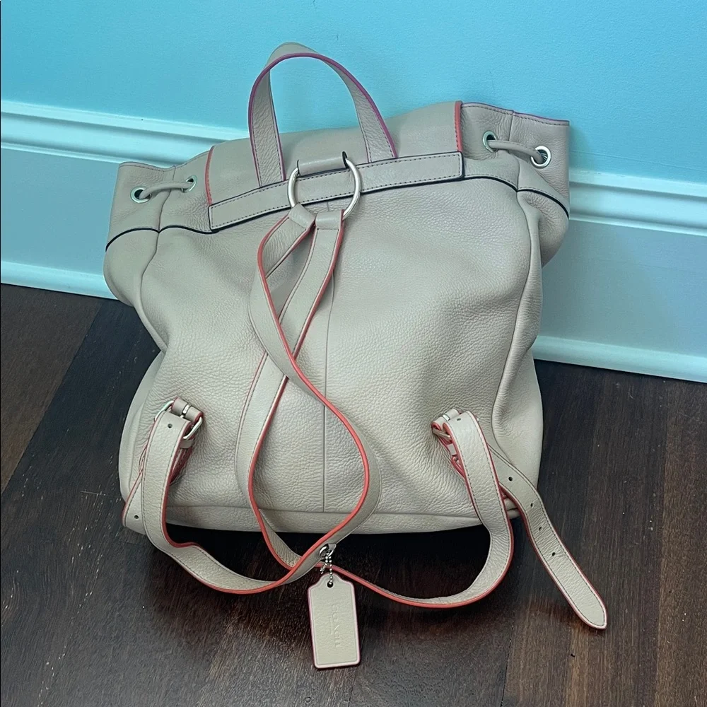Coach Cream Leather Drawstring Backpack with Pink Trim